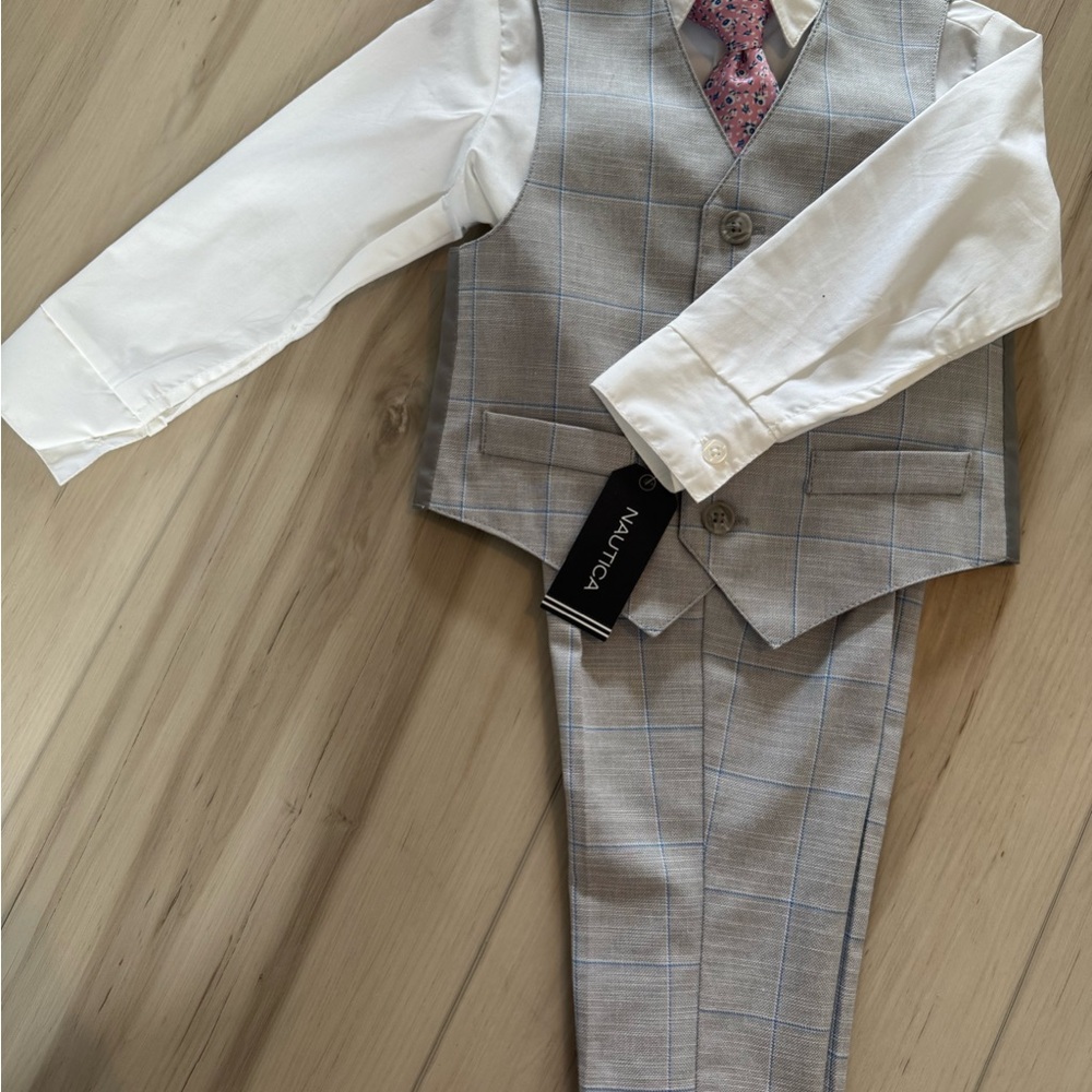 Gray Plaid Vest and Pants Set with White Shirt and Pink Tie